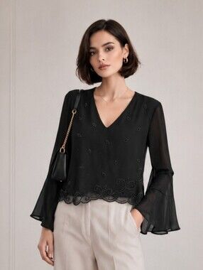 Vintage Beaded Chiffon Minimalist Lux Evening Blouse
